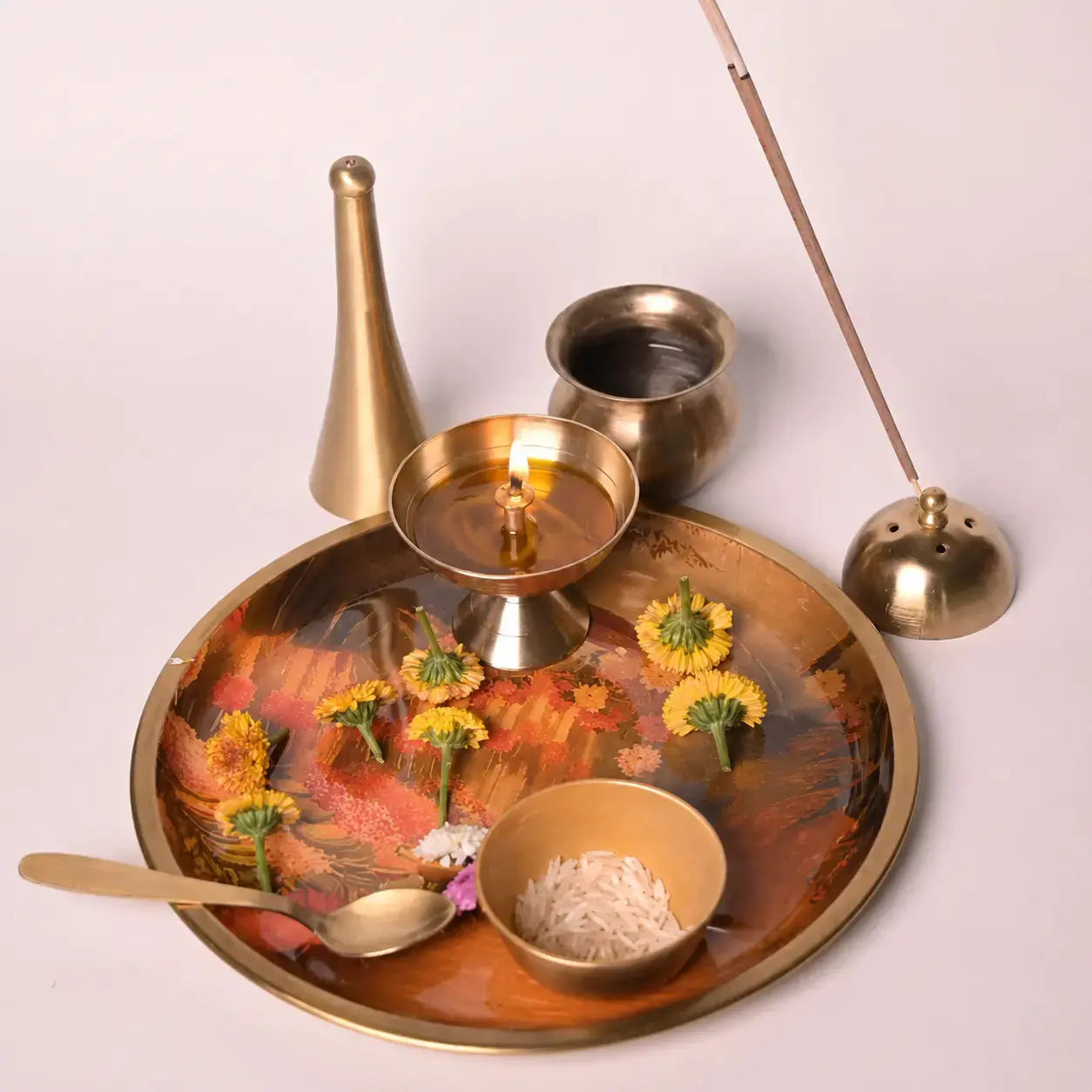 Brass Finish Puja Thali Set – Flower Market Print | Traditional Pooja Thali for Aarti, Festivals, Rituals & Gifting The confetti tree