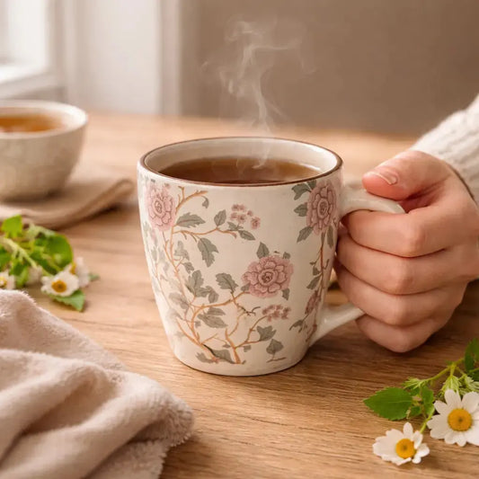 Handcrafted Floral Ceramic Coffee Mug - Stoneware Tea Cup with Pink Flower Design The confetti tree