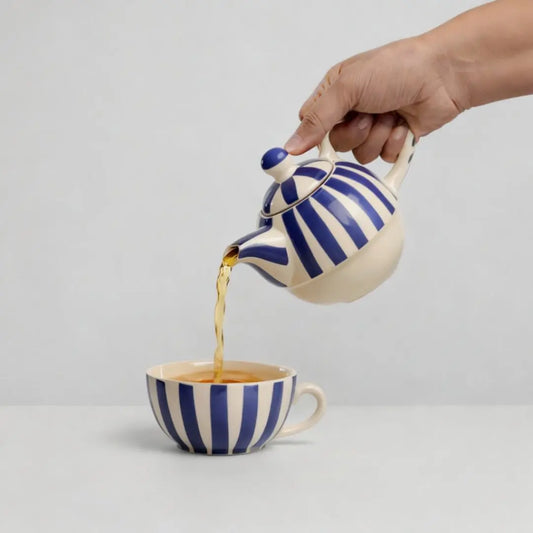Handmade Ceramic Striped Tea Pot and Cup Set – Blue & White Stoneware for Tea Lovers The confetti tree