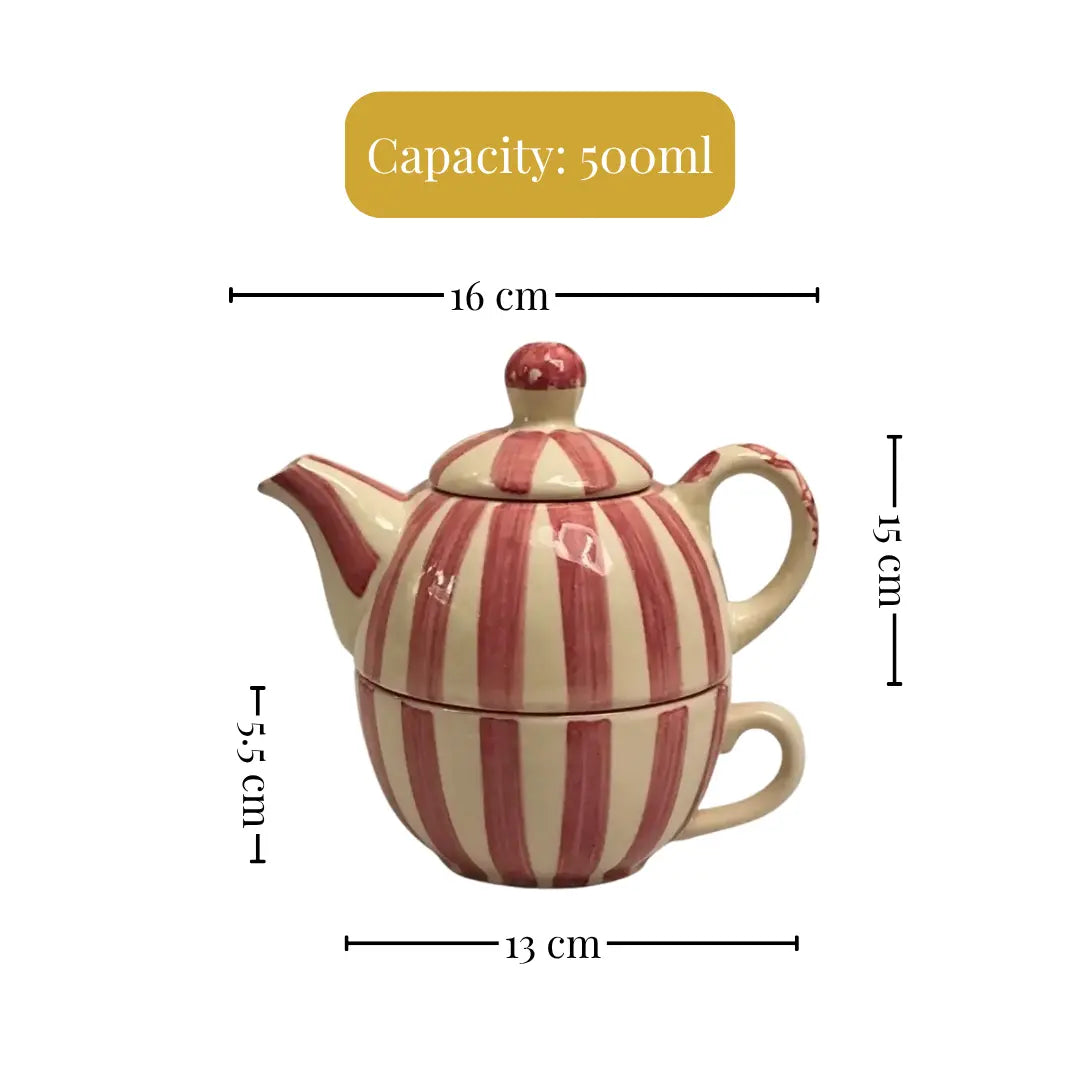 Handmade Ceramic Striped Tea Pot and Cup Set – Coral Pink & White Stoneware for Tea Lovers The confetti tree