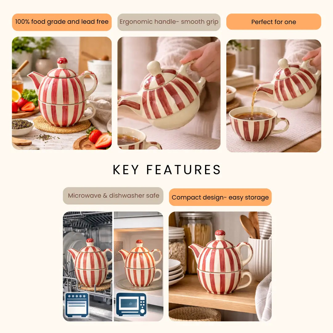 Handmade Ceramic Striped Tea Pot and Cup Set – Coral Pink & White Stoneware for Tea Lovers The confetti tree