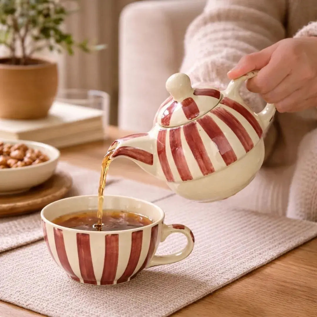 Handmade Ceramic Striped Tea Pot and Cup Set – Coral Pink & White Handmade Ceramic Striped Tea Pot and Cup Set – Coral Pink & White