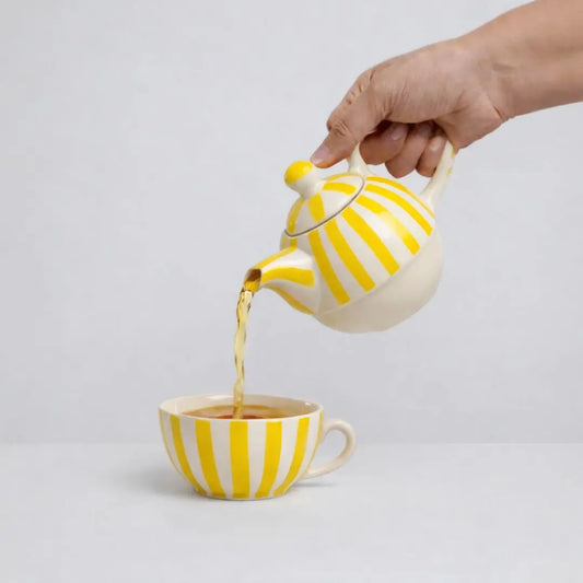 Handmade Ceramic Striped Tea Pot and Cup Set – Yellow & White Stoneware for Tea Lovers The confetti tree
