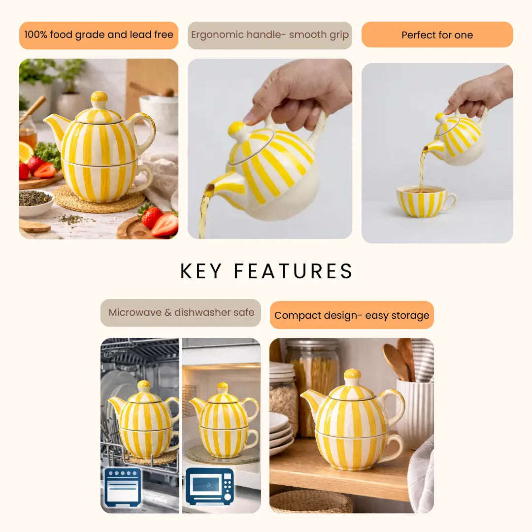 Handmade Ceramic Striped Tea Pot and Cup Set – Yellow & White Stoneware for Tea Lovers The confetti tree