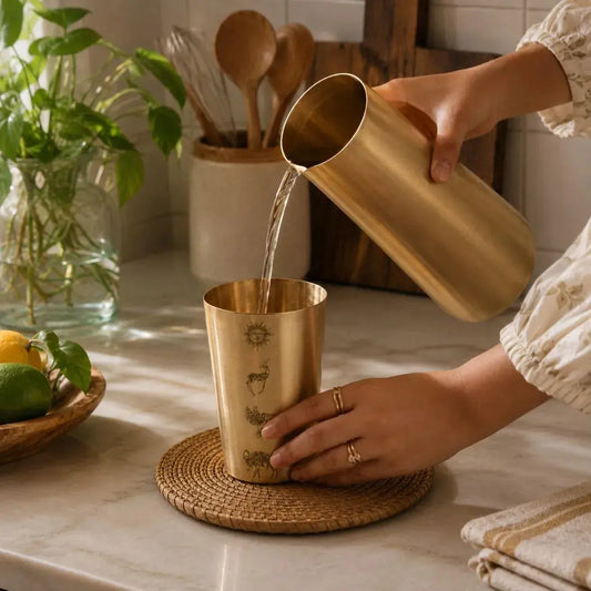 Limited Edition Brass Carafe & Laser Engraved Glass Set | Luxury Brass Water Jug & Tumbler Set | Premium Tableware | Pre-Order The confetti tree