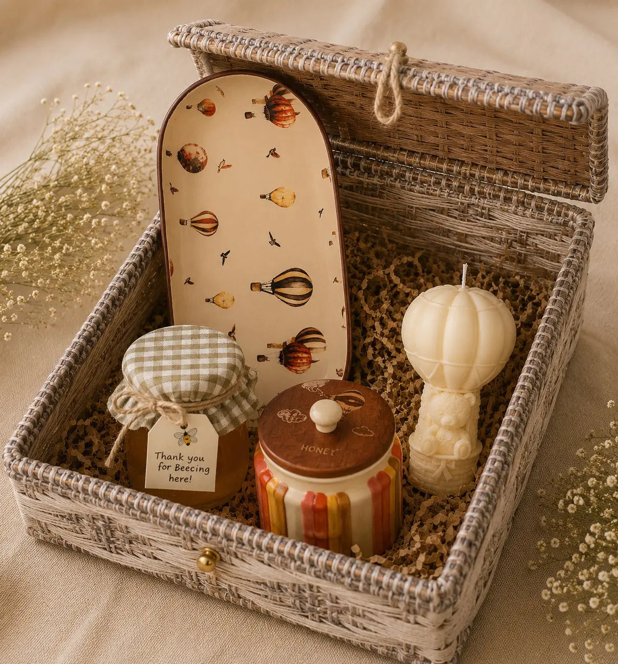 Luxury Baby Shower Gift Hamper with Ceramic Tray, Honey Jar, Ceramic Storage Jar & Teddy/Balloon Candle | Premium Baby Gift Basket for New Moms & Newborns The confetti tree