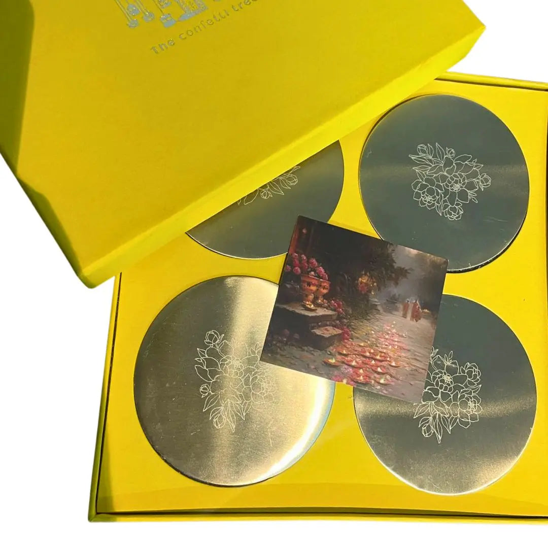 Luxury Brass Coaster Set of 4 with Floral Engraving – Elegant Tableware Gift Box The confetti tree