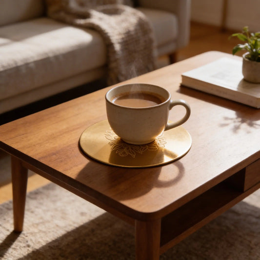 Luxury Brass Coaster Set of 4 with Floral Engraving – Elegant Tableware Gift Box The confetti tree