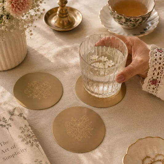 Luxury Brass Coaster Set of 4 with Floral Engraving – Elegant Tableware Gift Box The confetti tree