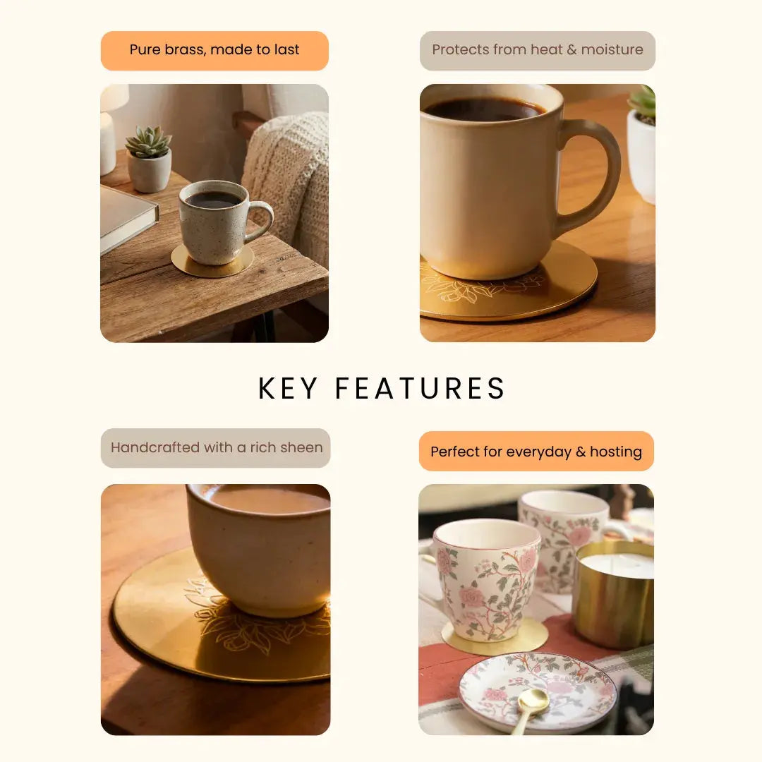 Luxury Brass Coaster Set of 4 with Floral Engraving – Elegant Tableware Gift Box The confetti tree