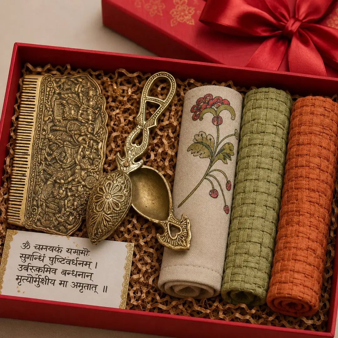 Luxury Handmade Gift Box with Brass Kajal Pati, Brass Comb & Hand-Painted Bamboo Hand Towels | Premium Festive, Wedding & Corporate Gift Hamper The confetti tree