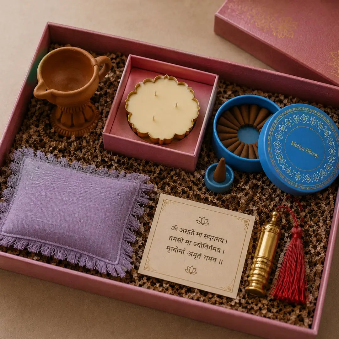Luxury Wellness Gift Box with Soy Candle, Organic Dhoop Cones, Terracotta Dhoop Holder, Khadi Eye Mask & Natural Attar | Self-Care & Mindfulness Gift Hamper The confetti tree