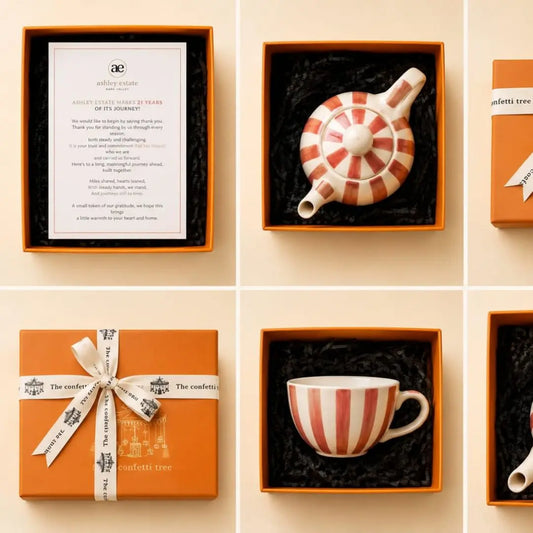 Personalized Stoneware Tea-for-One Gift Box with Teapot, Cup & Custom Message Card | Luxury Handmade Tea Lover Gift for Corporate & Wedding Gifting The confetti tree