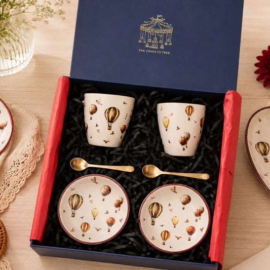 Premium Stoneware Mug & Tea Plate Gift Set with Pure Brass Spoons – Hot Air Balloon Print Coffee & Tea Cup Set The confetti tree