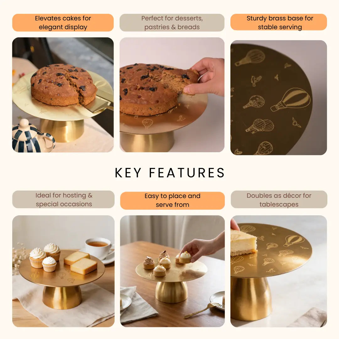 Pure Brass Cake Stand – Laser-Etched Hot Air Balloon Design | Luxury Dessert Stand for Parties, Weddings & Festive Serving The confetti tree