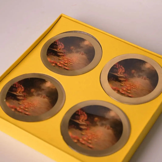 Pure Brass Coasters – Coastal Reverie Art Print (Set of 4) | Luxury Drink Coasters for Home, Bar & Table Décor The confetti tree