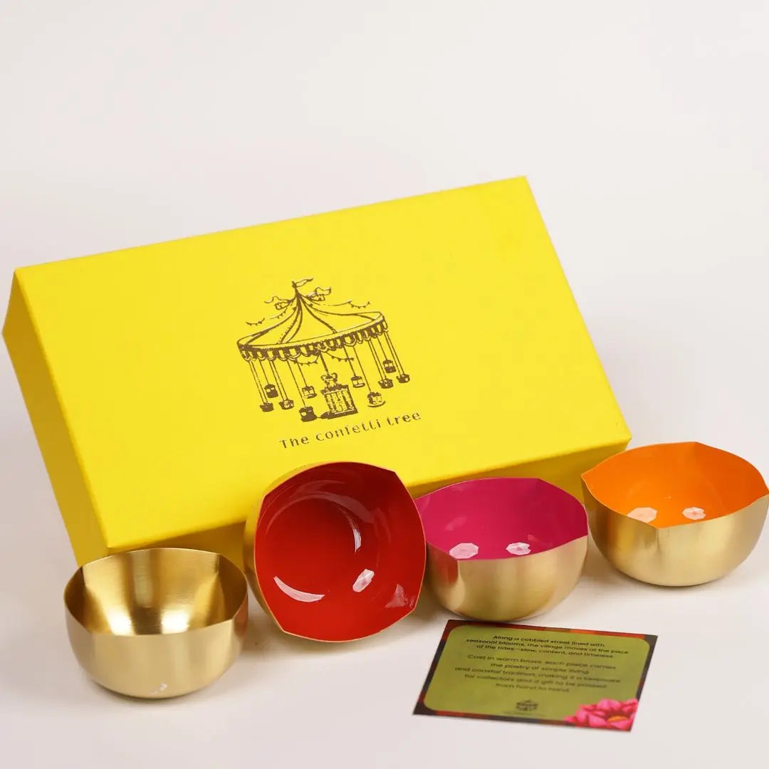Pure Brass Diya with Red Enamel – Matte Finish Handcrafted Oil Lamp for Pooja & Festive Décor The confetti tree