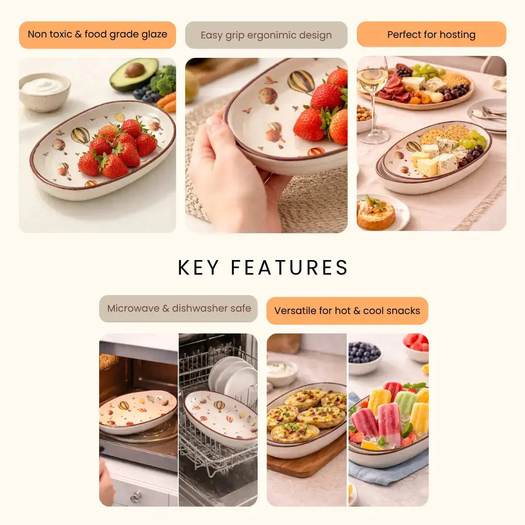 Handcrafted Stoneware Oval Serving Tray – Vintage Hot Air Balloon Ceramic Platter for Snacks & Appetizers The confetti tree