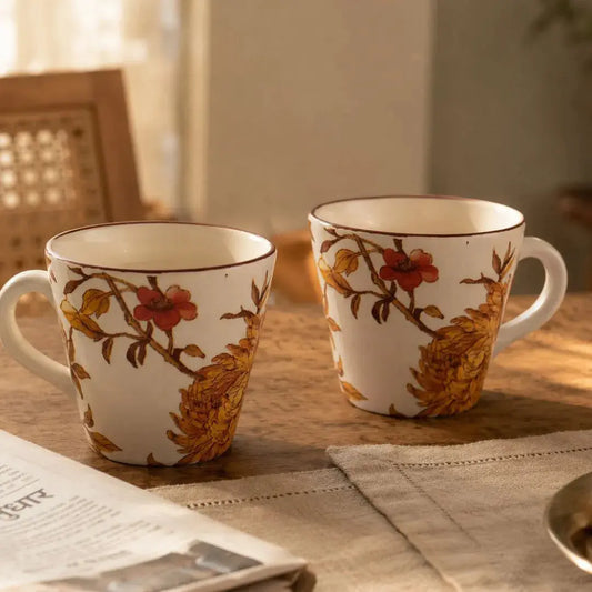 Summer Orchard Small Conical Tea Cup Set of 2 | Floral Ceramic Teacup for Tea & Coffee | Vintage Botanical Cup The Confetti Tree