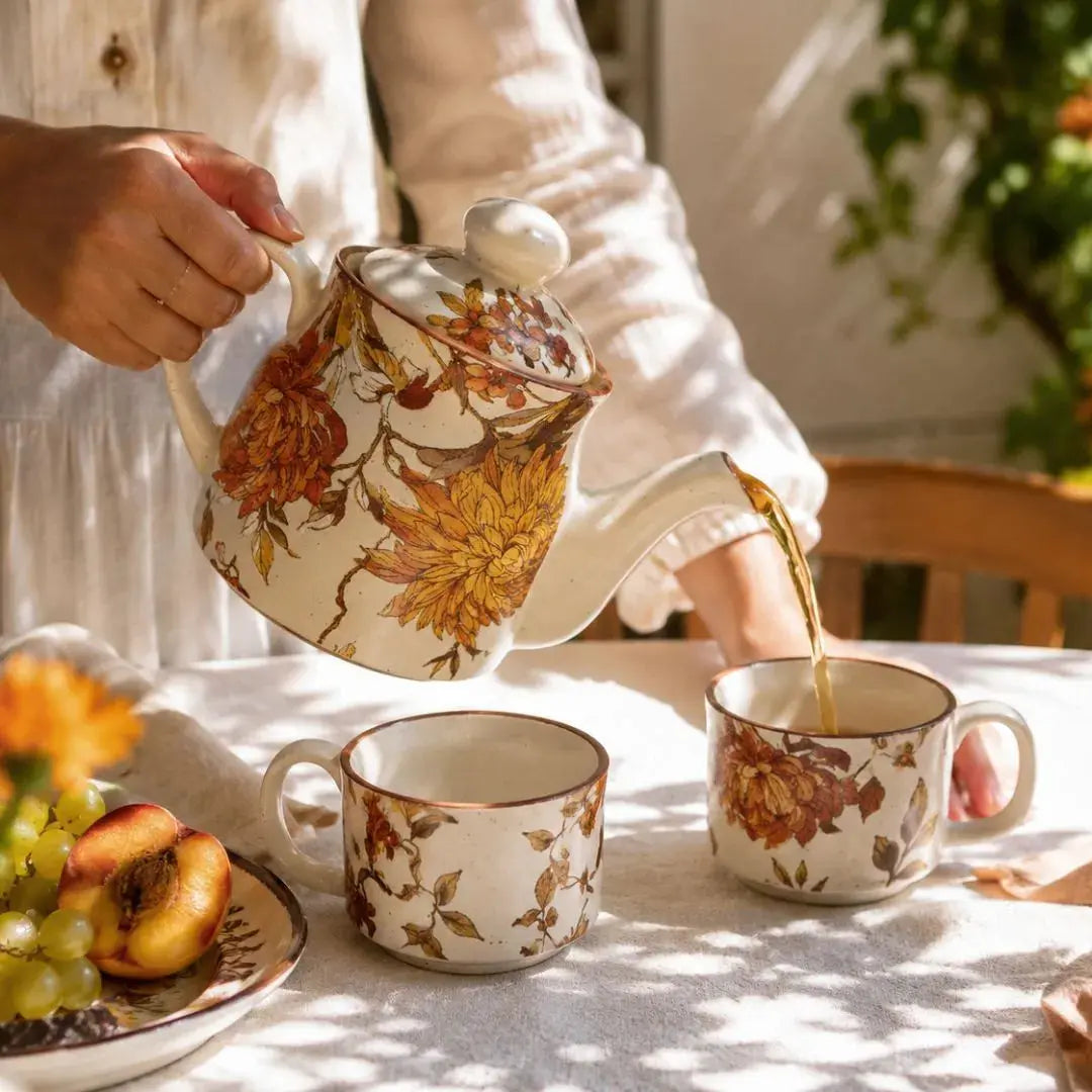 Summer Orchard Stoneware Tea Set | Floral Ceramic Teapot with 2 Coffee & Tea Cups | Handcrafted Tea Serving Set The confetti tree
