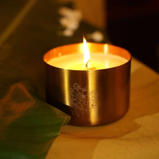 Brass Finish Peony Laser Candle – Handcrafted Soy Wax Jar Candle with Tuberose Fragrance The confetti tree