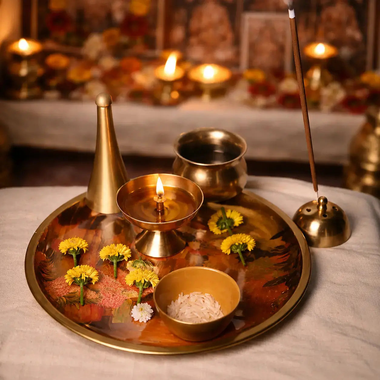 Brass Finish Puja Thali Set – Flower Market Print | Traditional Pooja Thali for Aarti, Festivals, Rituals & Gifting The confetti tree
