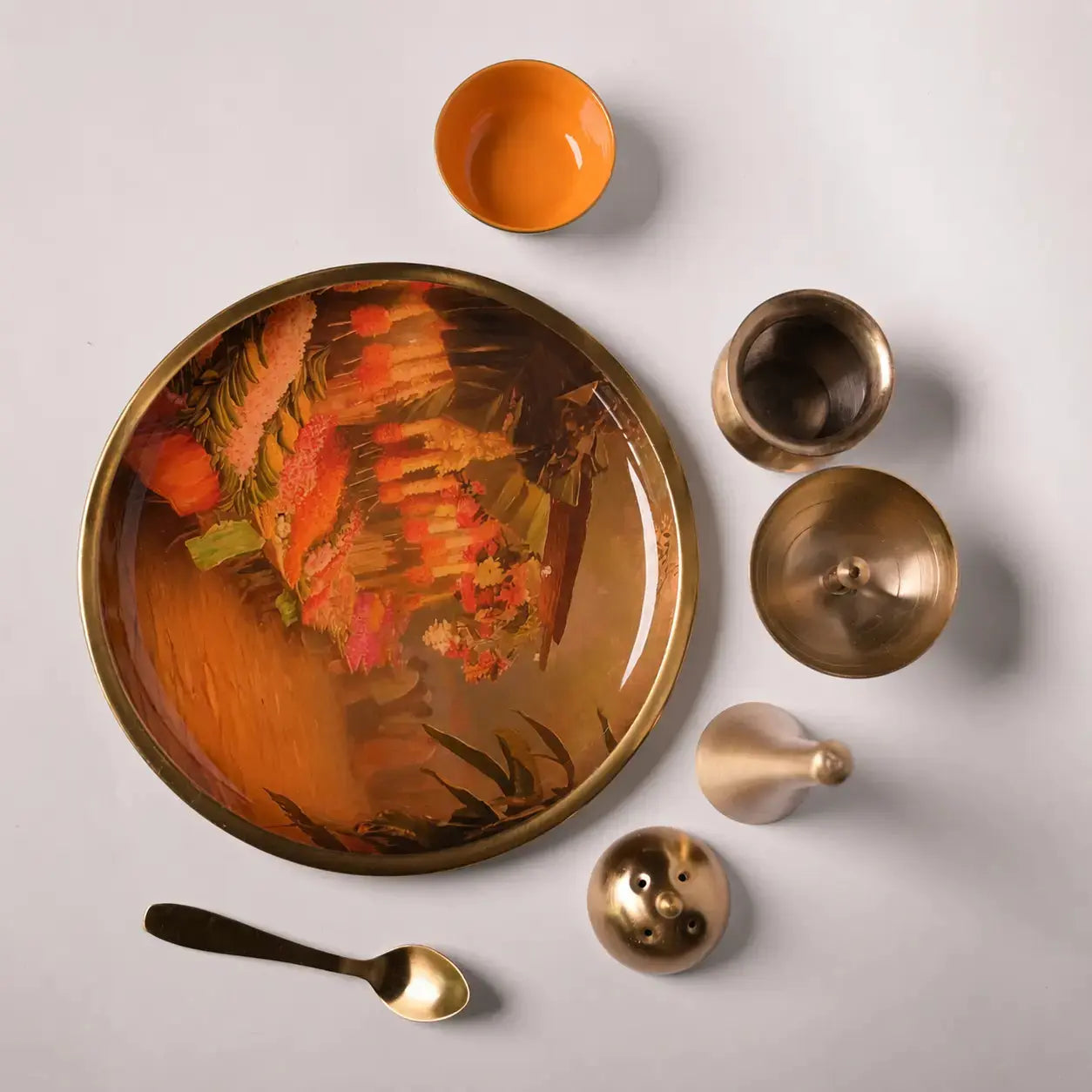Brass Finish Puja Thali Set – Flower Market Print | Traditional Pooja Thali for Aarti, Festivals, Rituals & Gifting The confetti tree