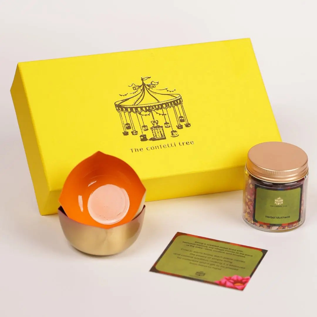 Diwali Gift Box with Pure Brass Diyas (Set of 2) & Herbal Mukhwas – Festive Gifting for Home & Corporate The confetti tree