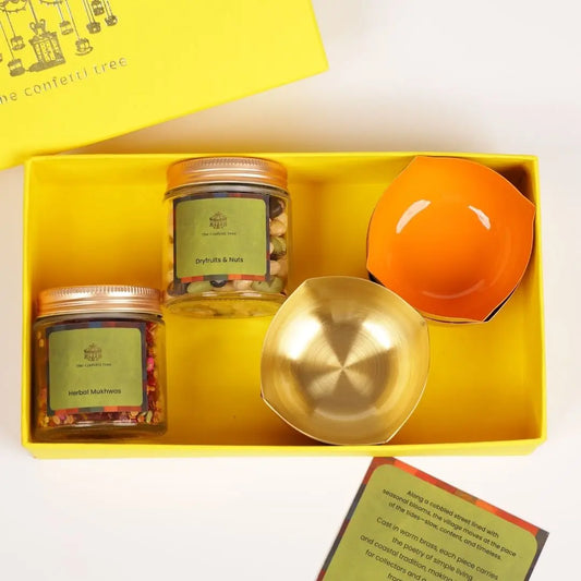 Diwali Gift Hamper – Coastal Reverie Brass Diya Set with Mukhwas & Dry Fruits for Festive Gifting The confetti tree