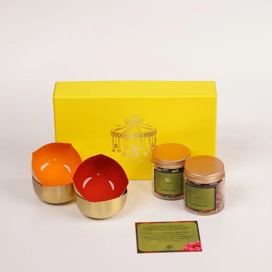 Diwali Gift Hamper – Coastal Reverie Brass Diya Set with Mukhwas & Dry Fruits for Festive Gifting The confetti tree