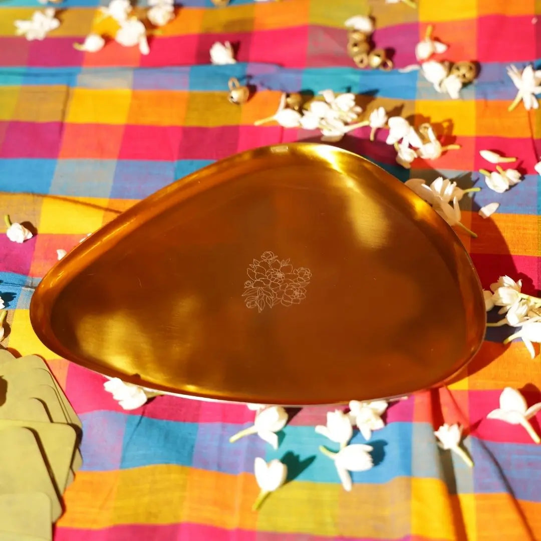Diwali Gift Set – Brass Finish Platter with Peony Design & Pure Brass Tong for Festive Gifting & Home Décor The confetti tree