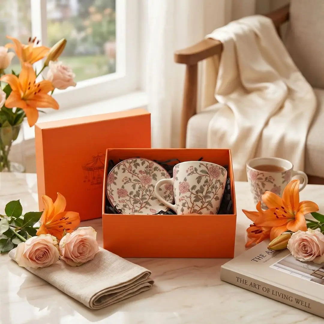 Floral Ceramic Mug & Teaplate Rakhi Gift Box – Premium Stoneware Coffee Cup Set for Brother, Festive Gifting Hamper The confetti tree