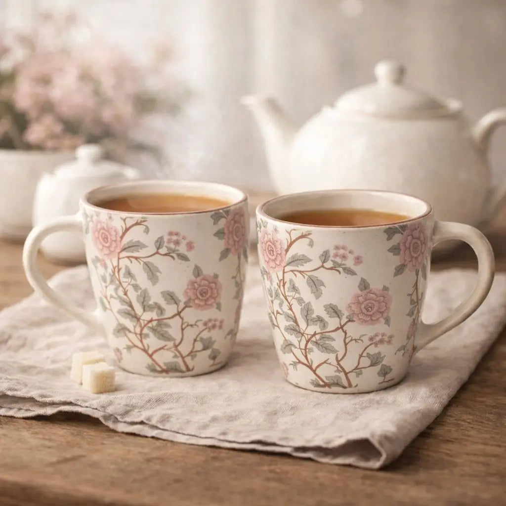 Floral Stoneware Tea Mug Set – Vintage Pink Botanical Coffee Cups | Handcrafted Ceramic Tea Cups for Elegant Everyday Living The confetti tree