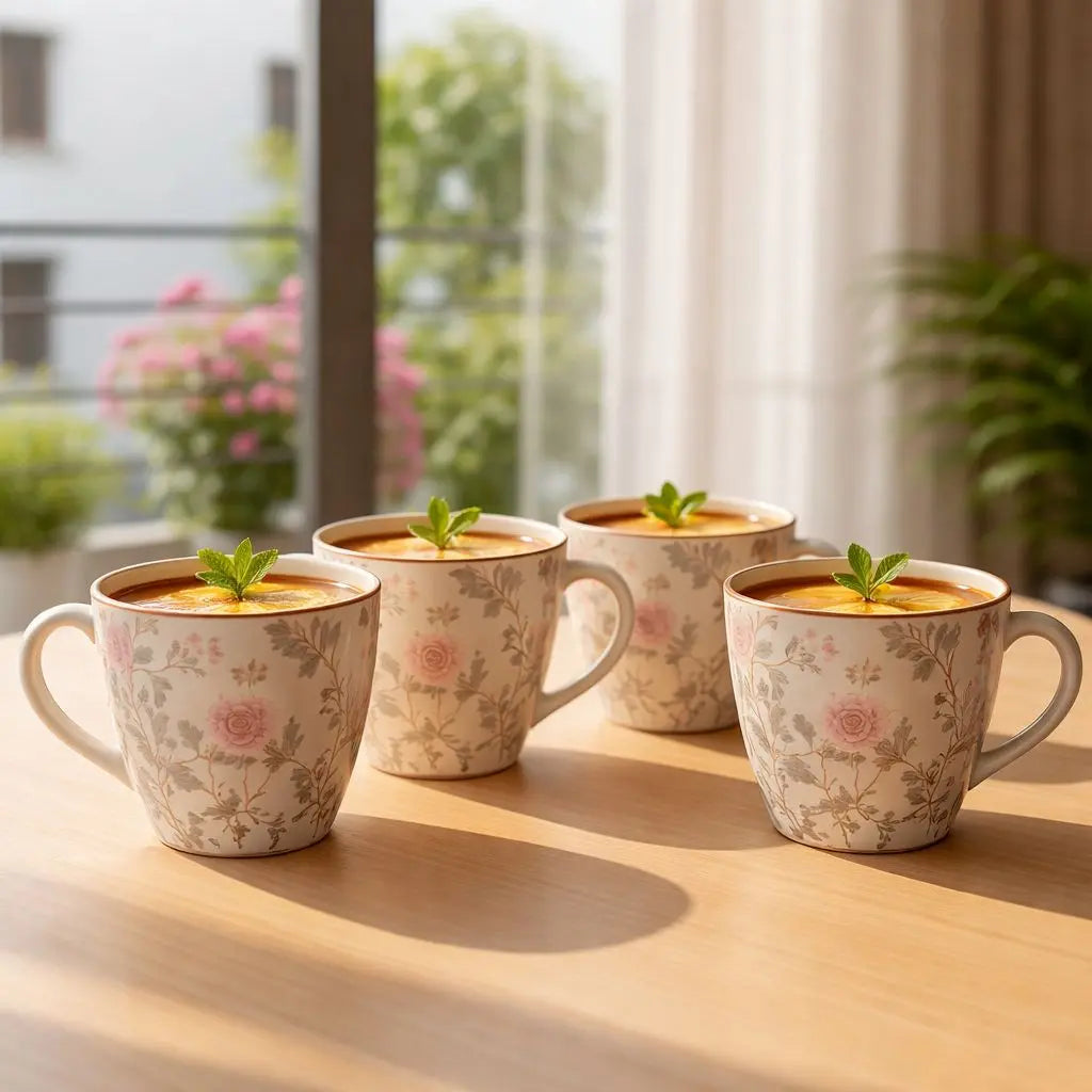 Floral Stoneware Tea Mug Set of 4 – Vintage Pink Botanical Coffee Cups | Elegant Ceramic Tea Cups for Aesthetic Tableware & Gifting The confetti tree