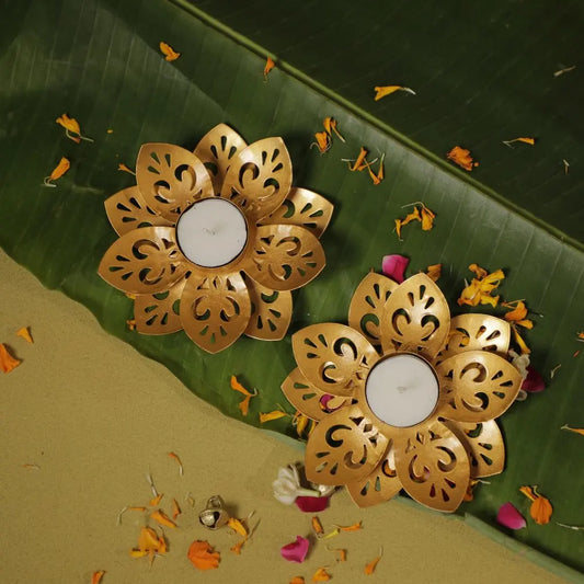 Gold Lotus Cutwork Tealight Holders | Set of 2 The confetti tree