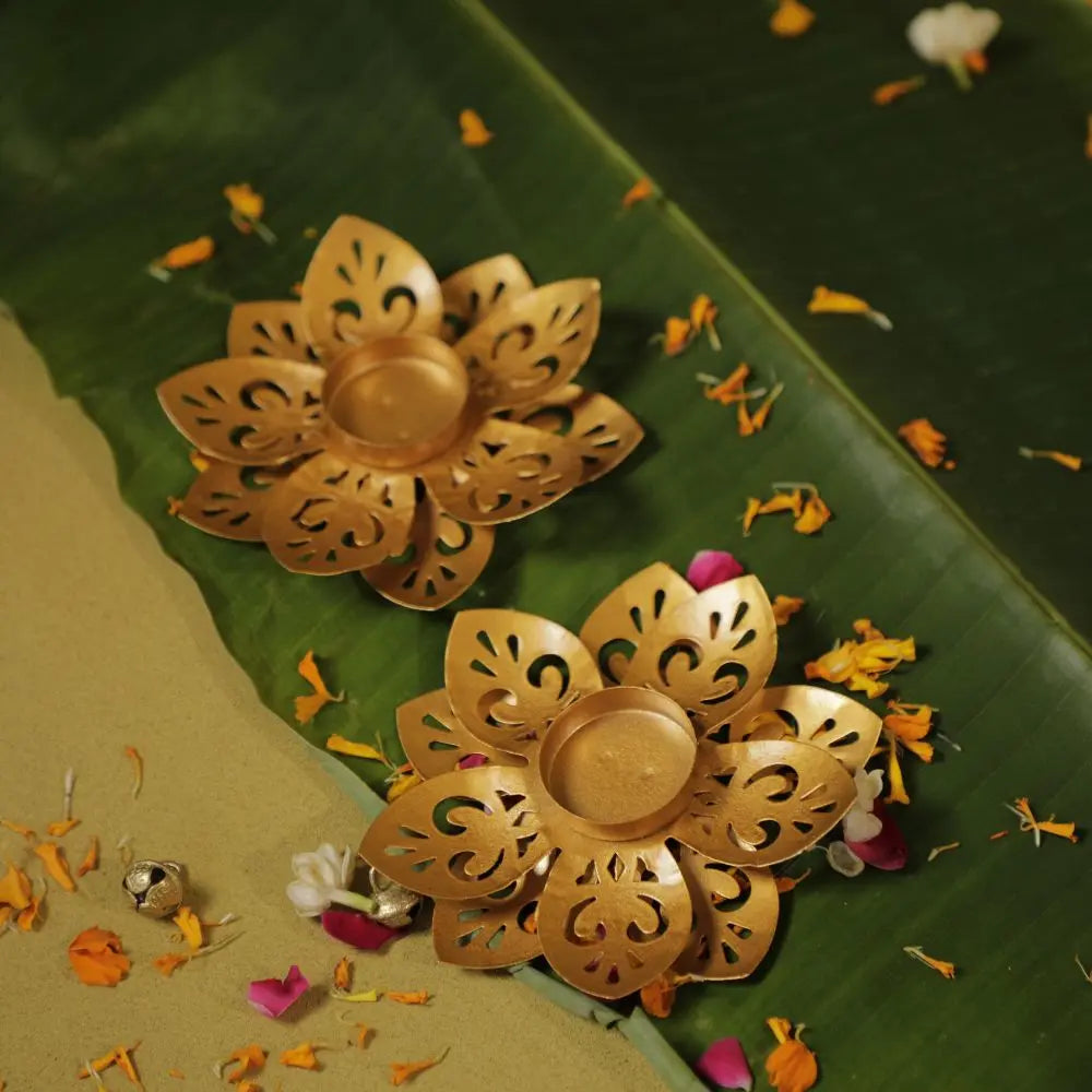 Gold Lotus Cutwork Tealight Holders | Set of 2 The confetti tree