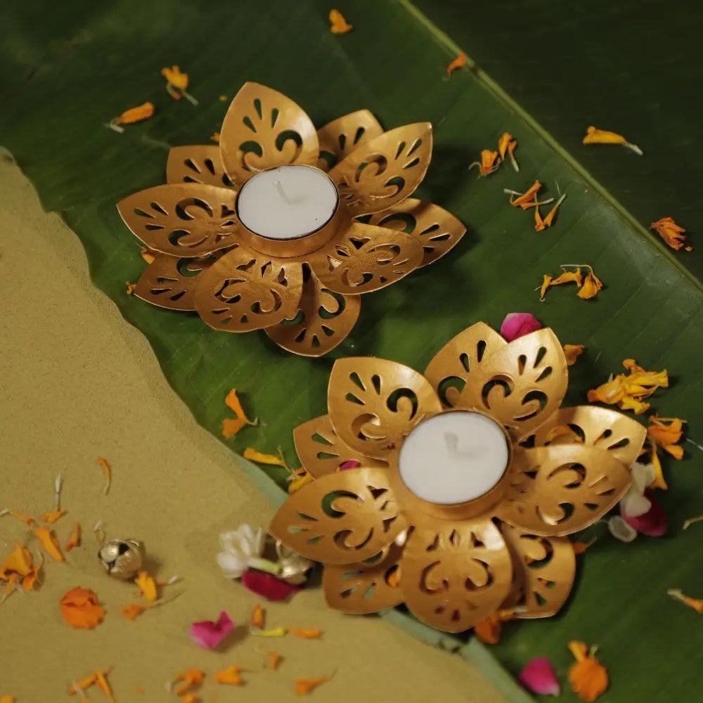 Gold Lotus Cutwork Tealight Holders | Set of 2 The confetti tree