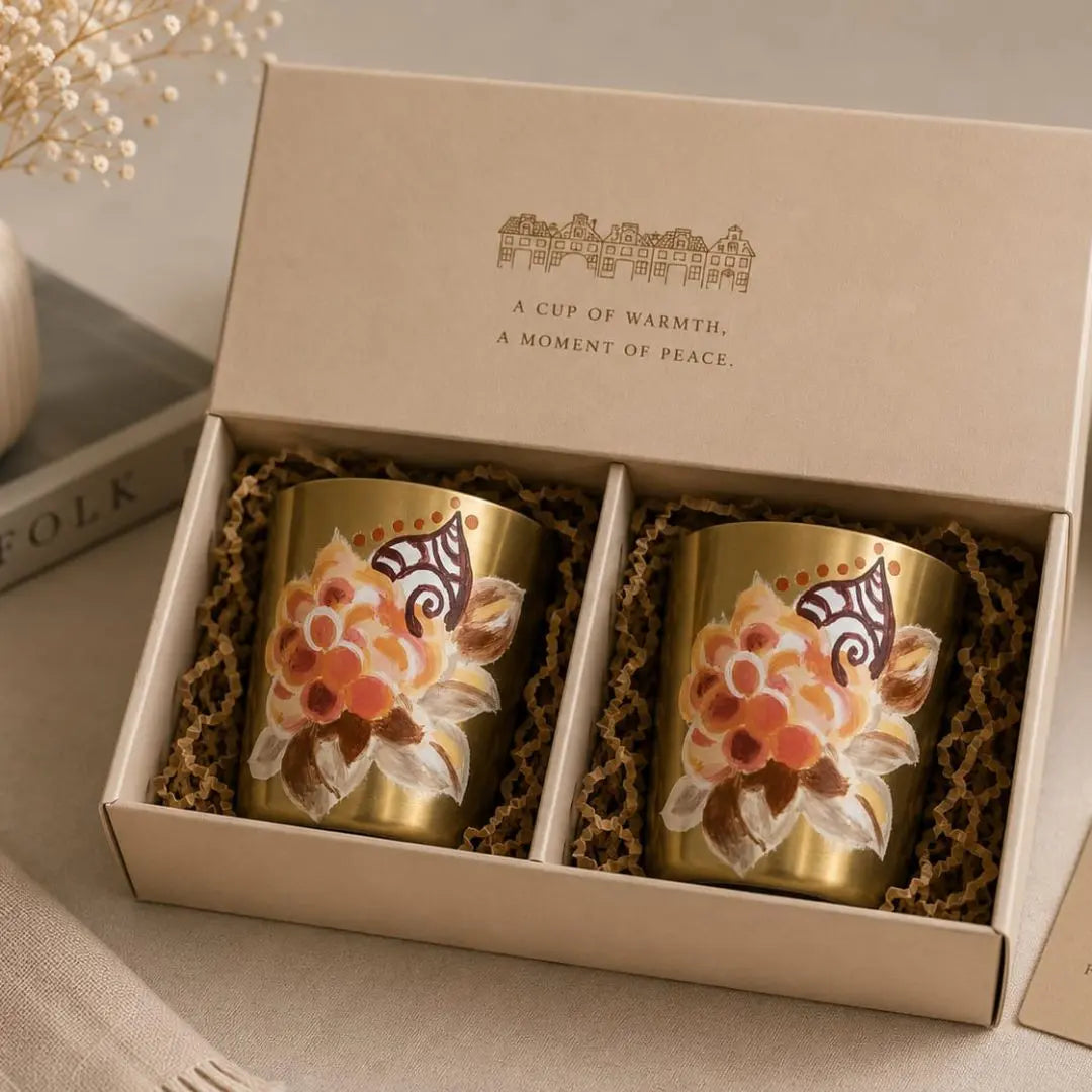Hand-Painted Brass Tumbler Gift Set with Ginger Flower Motif | Luxury Handmade Brass Drinkware Gift Box for Weddings & Corporate Gifting The confetti tree