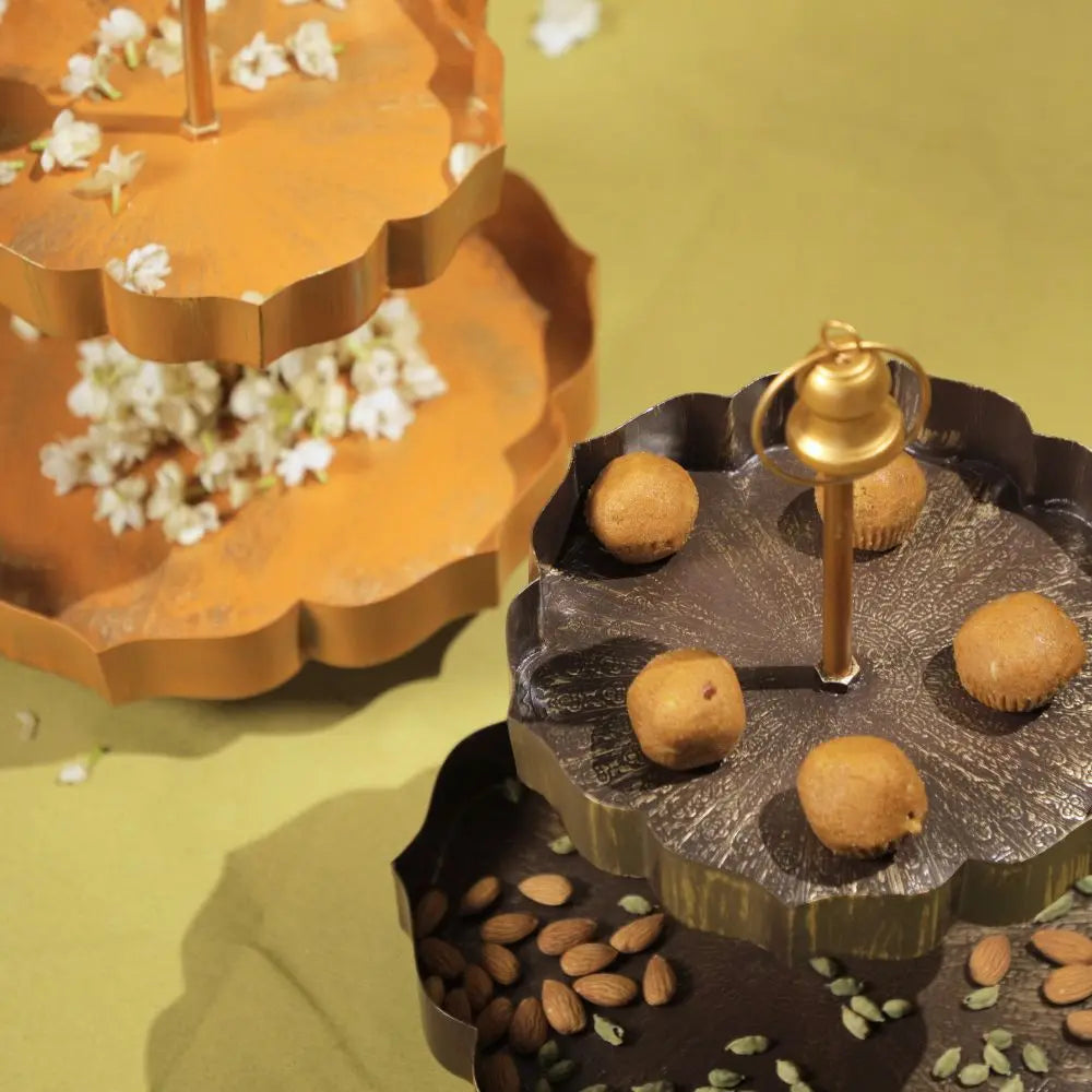 Handcrafted Two-Tier Metal Flower-Shaped Urli Stand The confetti tree