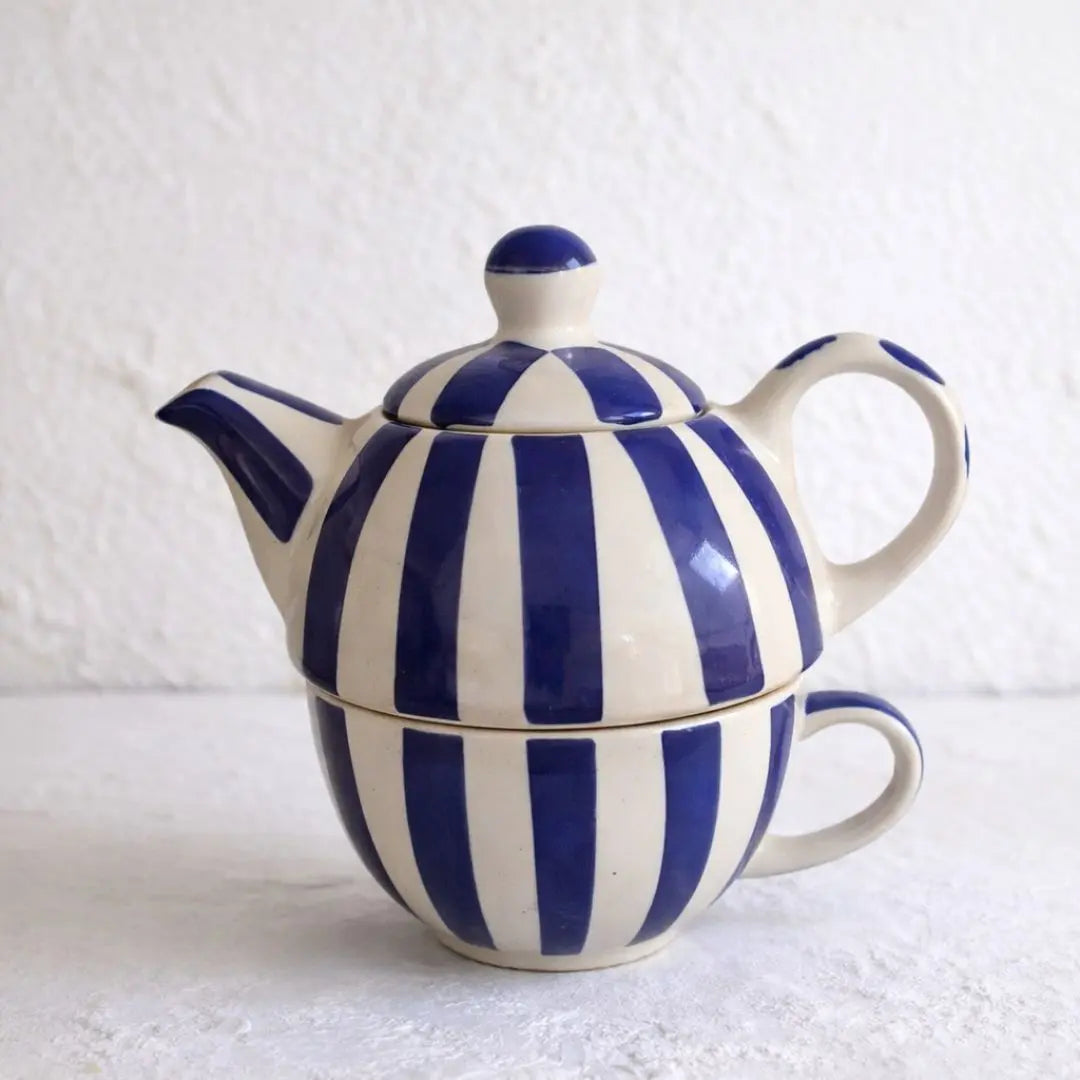 Handmade Ceramic Striped Tea Pot and Cup Set – Blue & White Stoneware for Tea Lovers The confetti tree