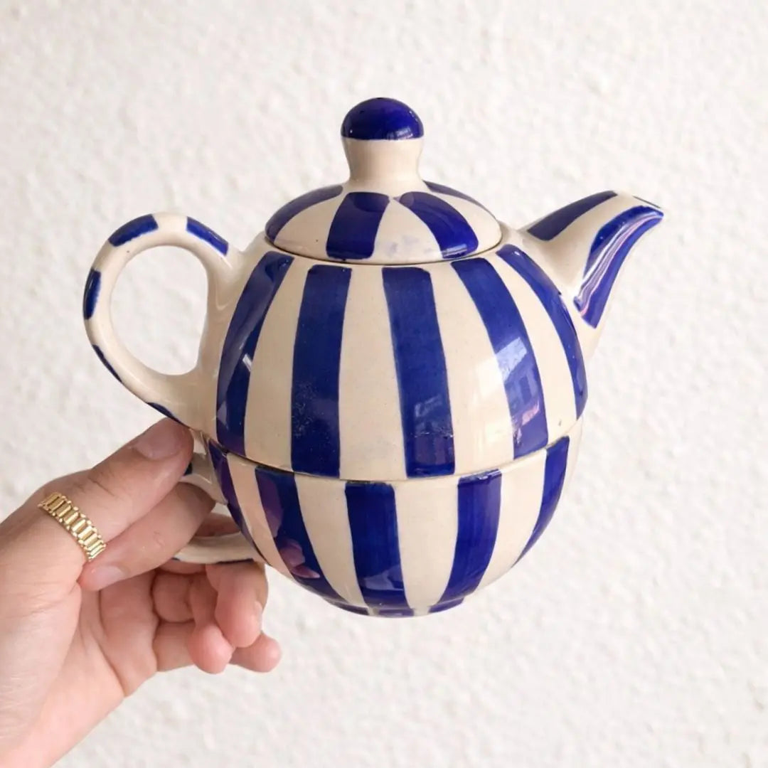 Handmade Ceramic Striped Tea Pot and Cup Set – Blue & White Stoneware for Tea Lovers The confetti tree