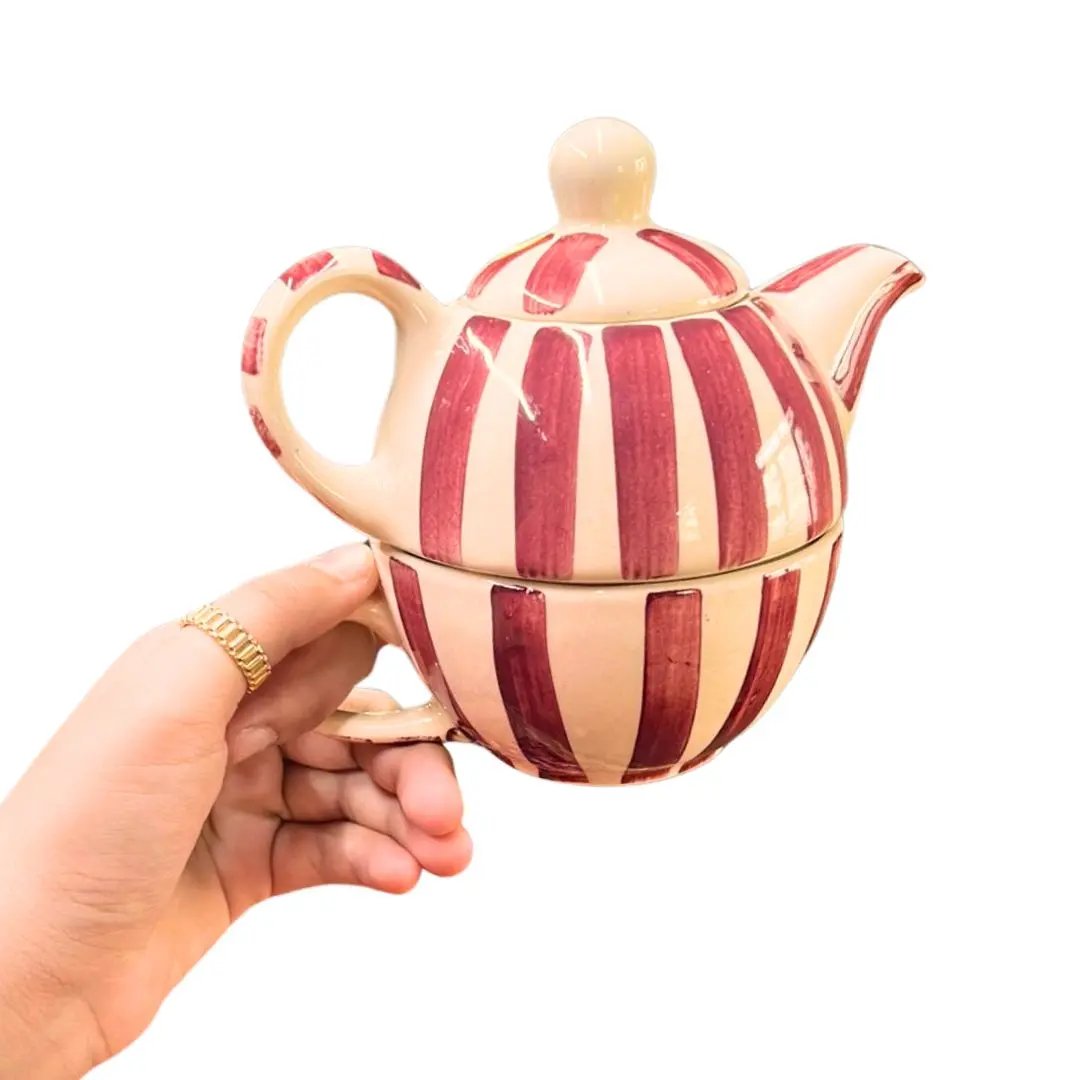 Handmade Ceramic Striped Tea Pot and Cup Set – Coral Pink & White Stoneware for Tea Lovers The confetti tree