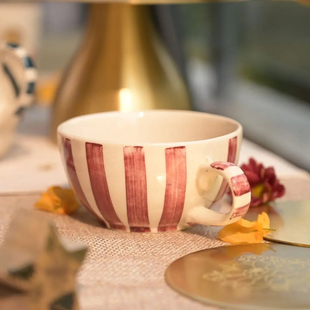 Handmade Ceramic Striped Tea Pot and Cup Set – Coral Pink & White Stoneware for Tea Lovers The confetti tree