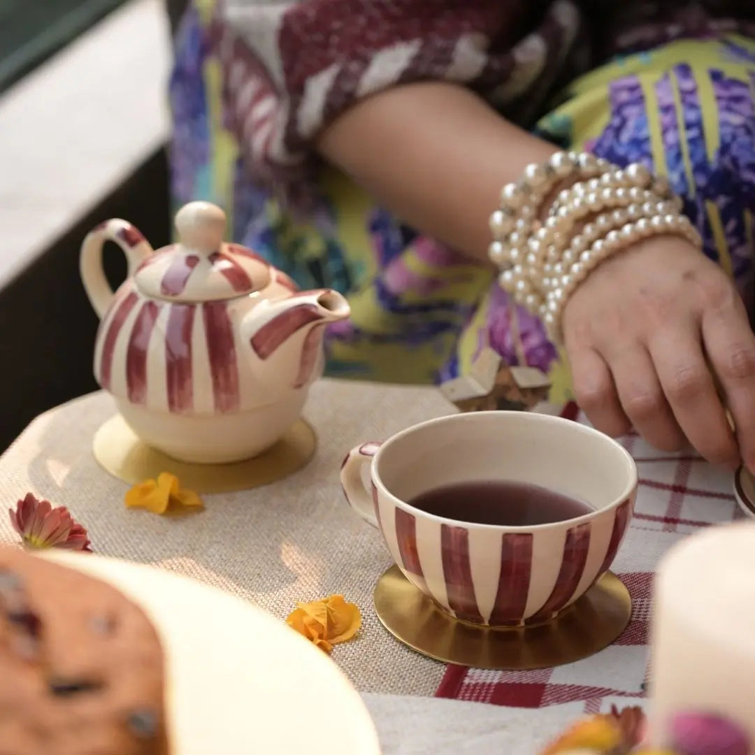 Handmade Ceramic Striped Tea Pot and Cup Set – Coral Pink & White Stoneware for Tea Lovers The confetti tree