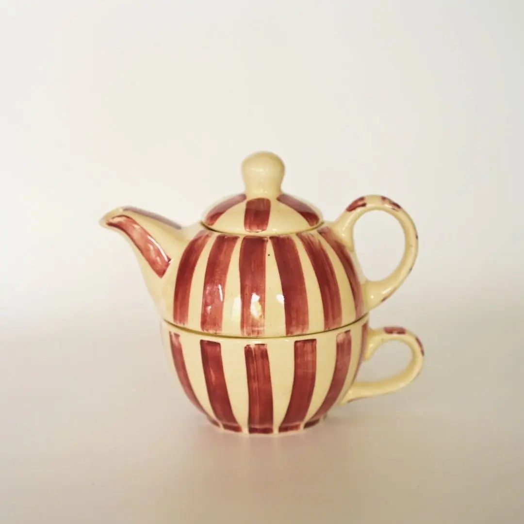 Handmade Ceramic Striped Tea Pot and Cup Set – Coral Pink & White Stoneware for Tea Lovers The confetti tree