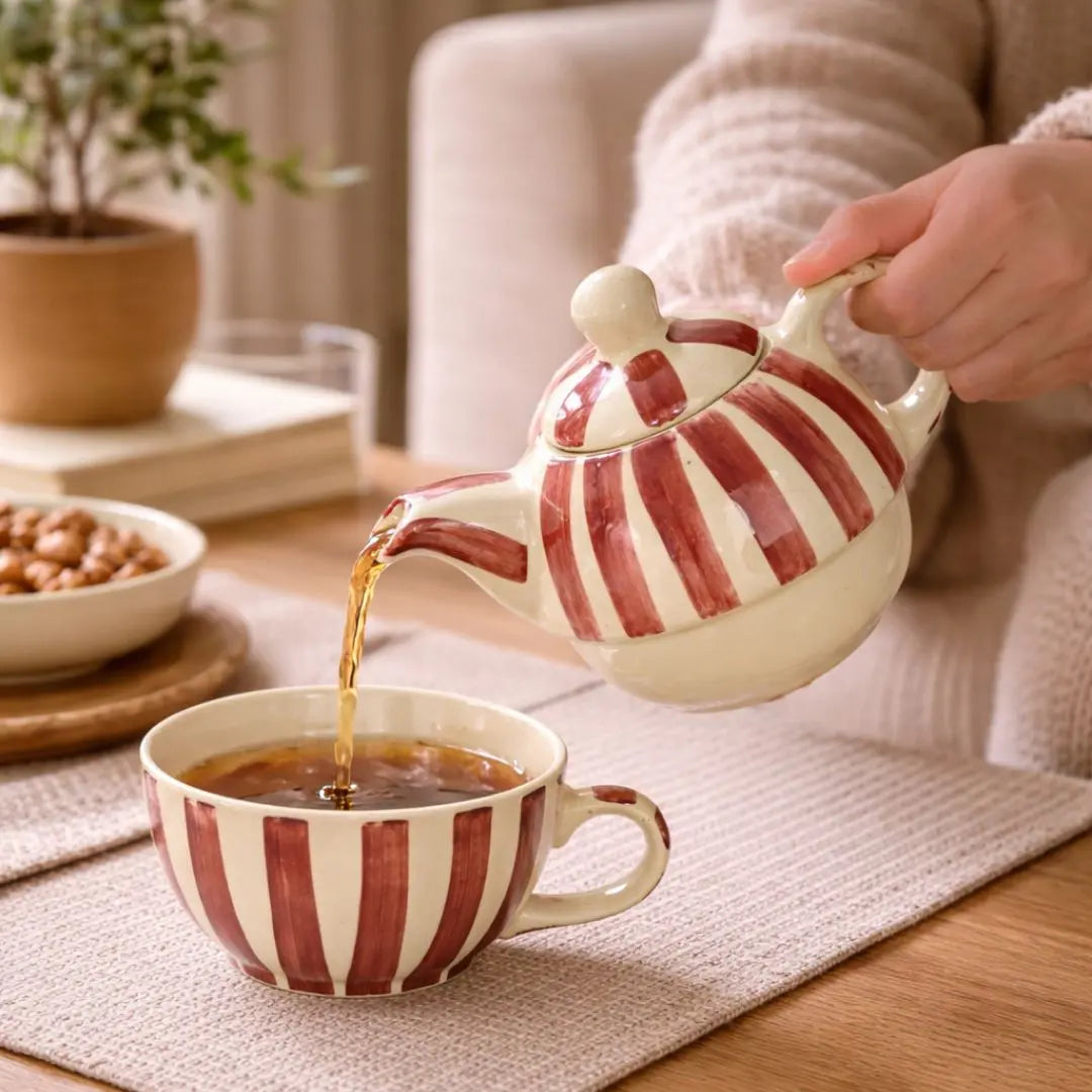 Handmade Ceramic Striped Tea Pot and Cup Set – Coral Pink & White Stoneware for Tea Lovers The confetti tree