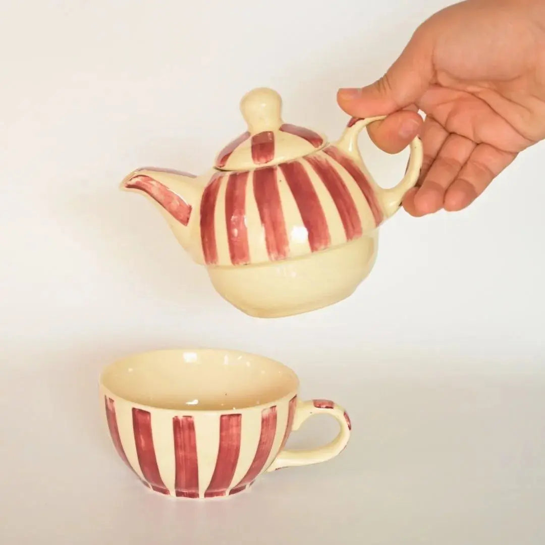 Handmade Ceramic Striped Tea Pot and Cup Set – Coral Pink & White