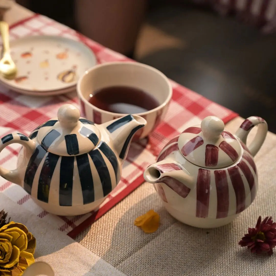 Handmade Ceramic Striped Tea Pot and Cup Set – Modern Teal & White Stoneware for Tea Lovers The confetti tree