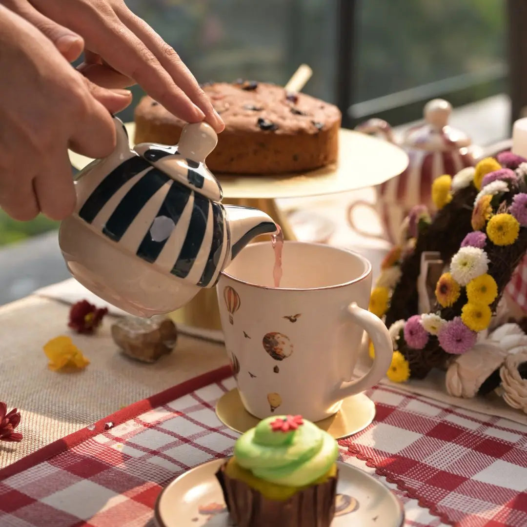 Handmade Ceramic Striped Tea Pot and Cup Set – Modern Teal & White Stoneware for Tea Lovers The confetti tree