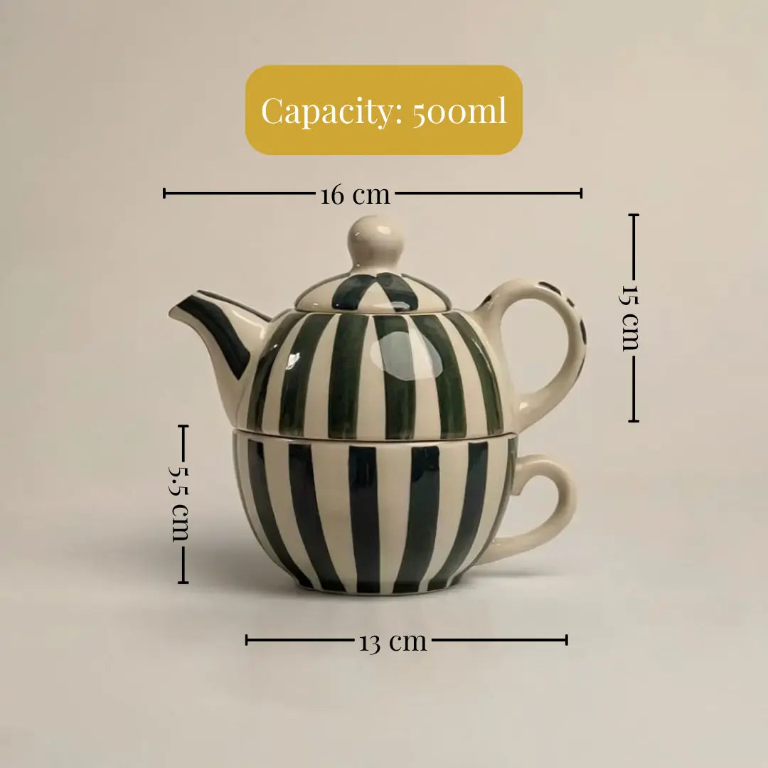 Handmade Ceramic Striped Tea Pot and Cup Set – Modern Teal & White Stoneware for Tea Lovers The confetti tree